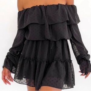 Rumored Señorita Western off the shoulder swiss dot mini black dress NWT Small